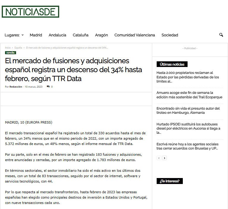El mercado de fusiones y adquisiciones espaol registra un descenso del 34% hasta febrero, segn TTR Data